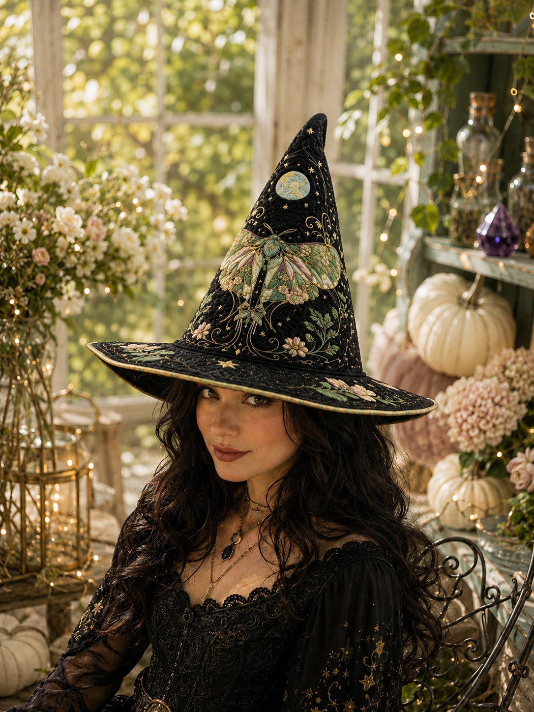 Celestial Luna Moth & Crescent Moon Halloween Quilt Witch Hat