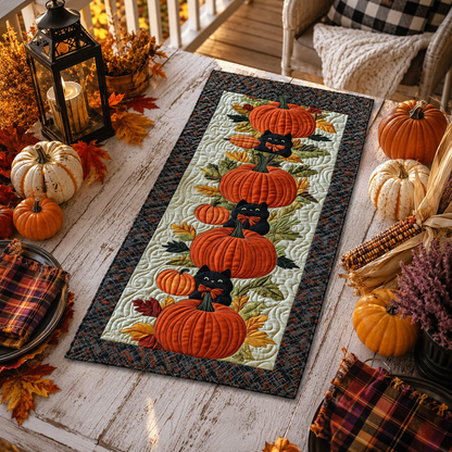 Black Cat Peeking Behind Pumpkins Halloween Quilted Table Runner