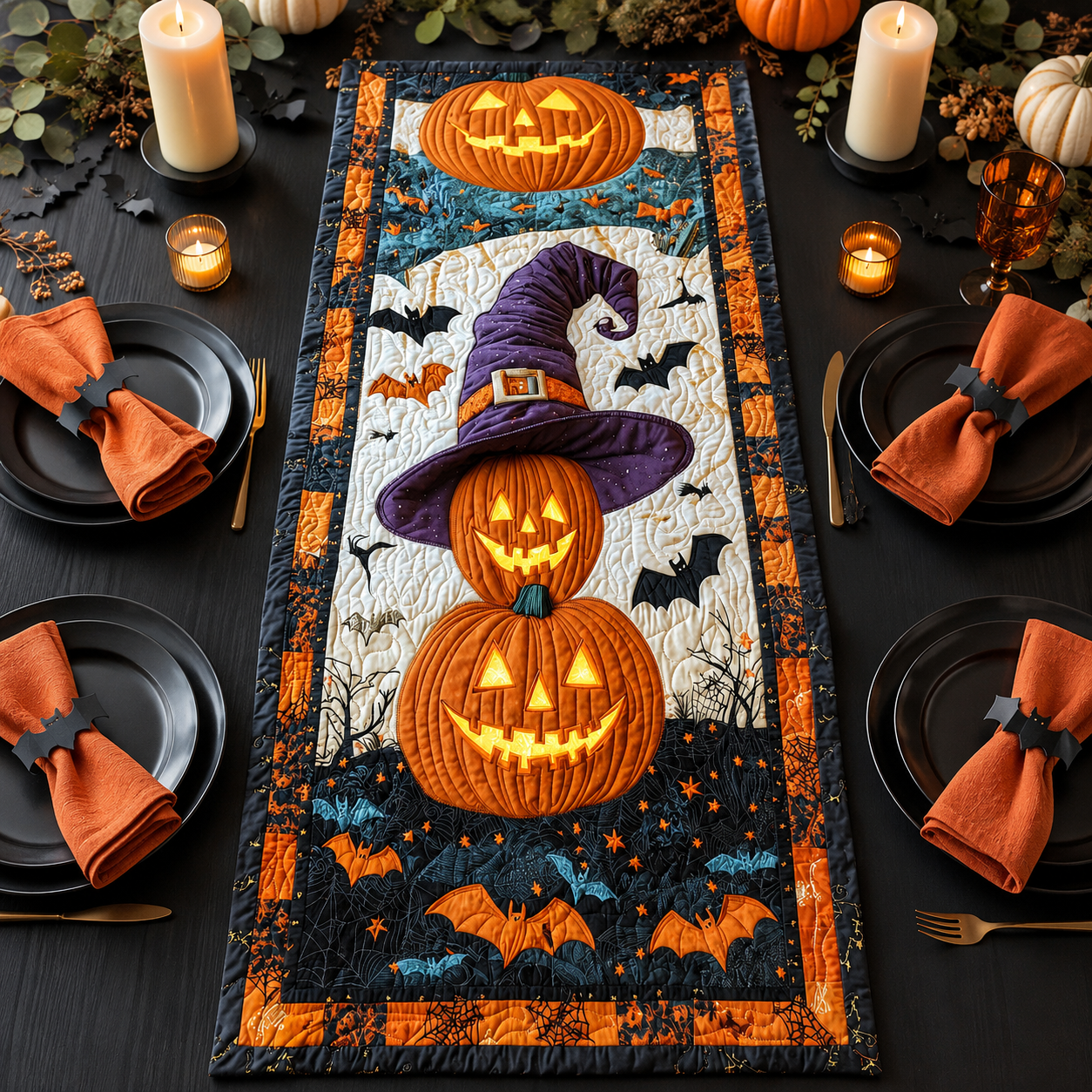Stacked Jack-O'-Lanterns with Witch Hat Halloween Quilted Table Runner