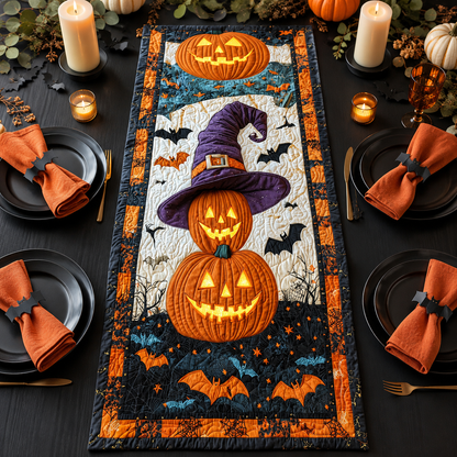Stacked Jack-O'-Lanterns with Witch Hat Halloween Quilted Table Runner