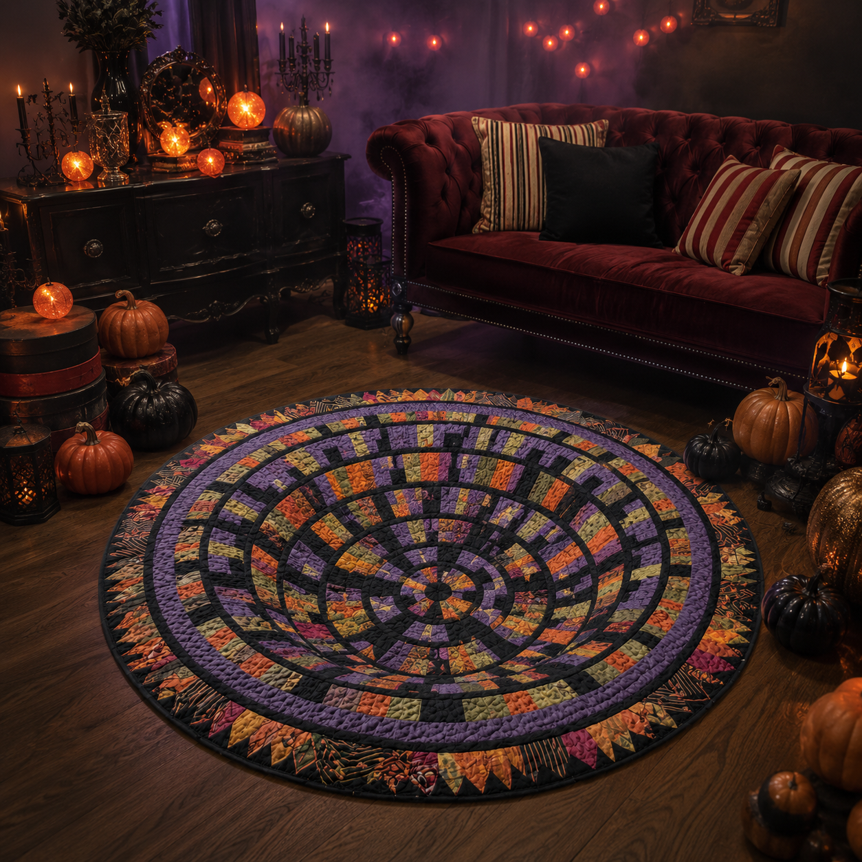 3D Vortex Optical Illusion Patchwork Halloween Quilt Round Rug