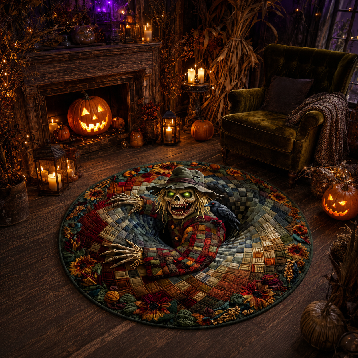 Creepy Pumpkin Patch Scarecrow Crow Hole Halloween Quilt Round Rug