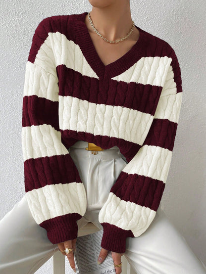 Two Tone Cable Knit Drop Shoulder Sweater Long Sleeve Tops Knit Pullover Fall Winter Outfit