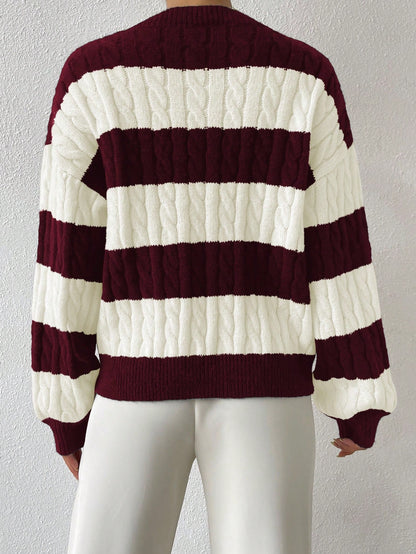 Two Tone Cable Knit Drop Shoulder Sweater Long Sleeve Tops Knit Pullover Fall Winter Outfit