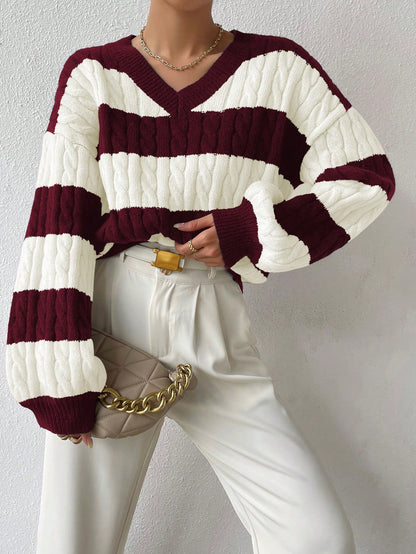 Two Tone Cable Knit Drop Shoulder Sweater Long Sleeve Tops Knit Pullover Fall Winter Outfit