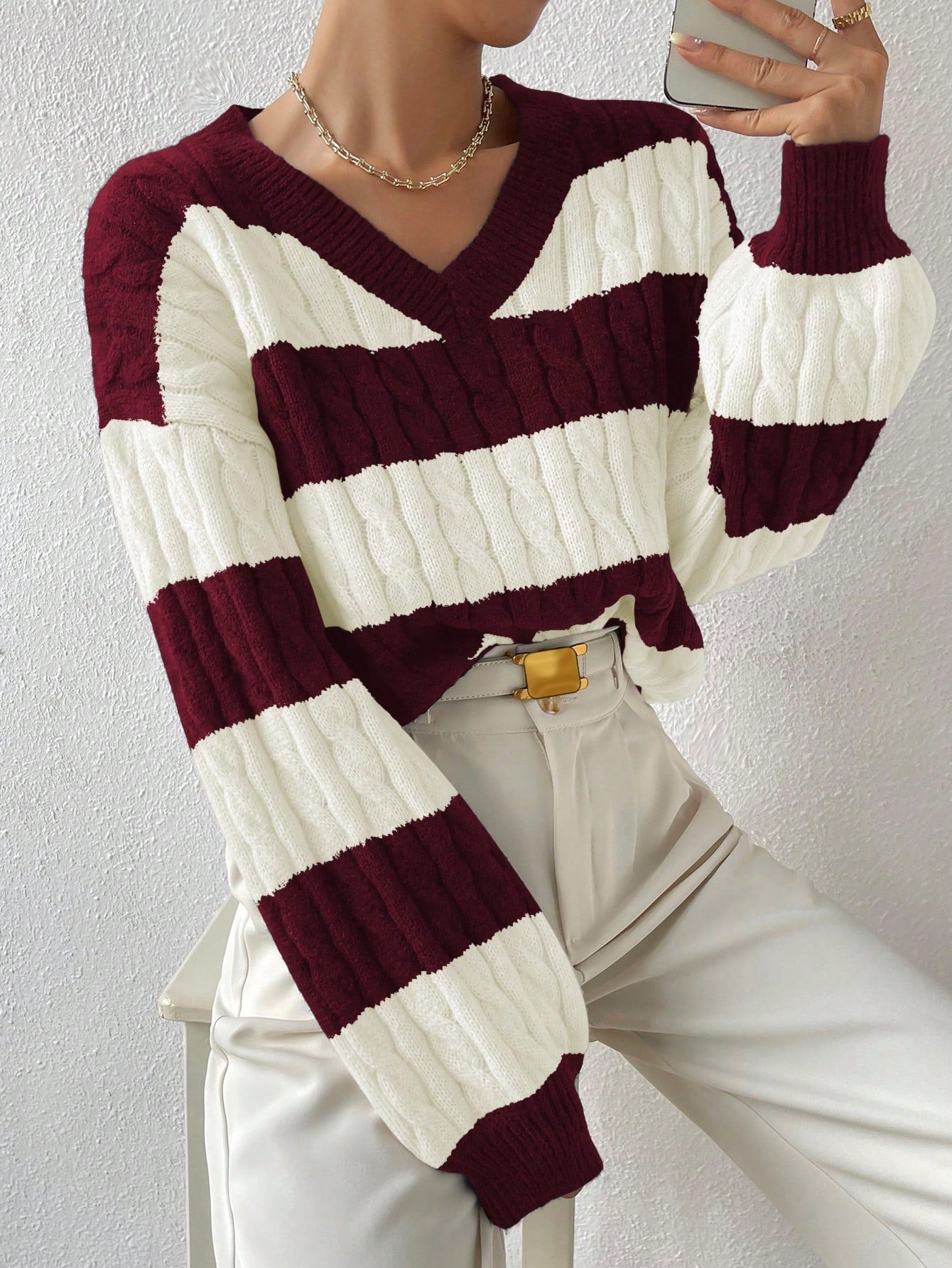 Two Tone Cable Knit Drop Shoulder Sweater Long Sleeve Tops Knit Pullover Fall Winter Outfit