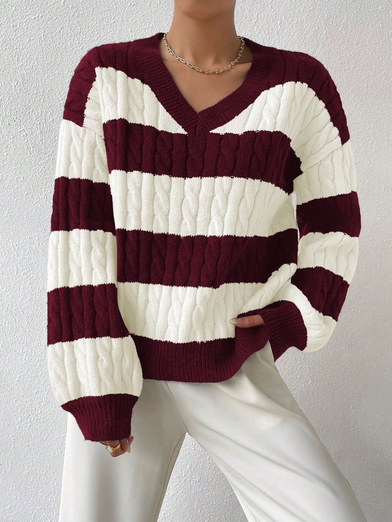 Two Tone Cable Knit Drop Shoulder Sweater Long Sleeve Tops Knit Pullover Fall Winter Outfit