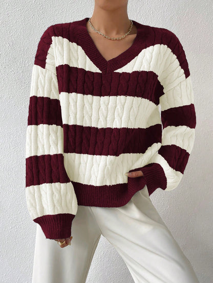 Two Tone Cable Knit Drop Shoulder Sweater Long Sleeve Tops Knit Pullover Fall Winter Outfit