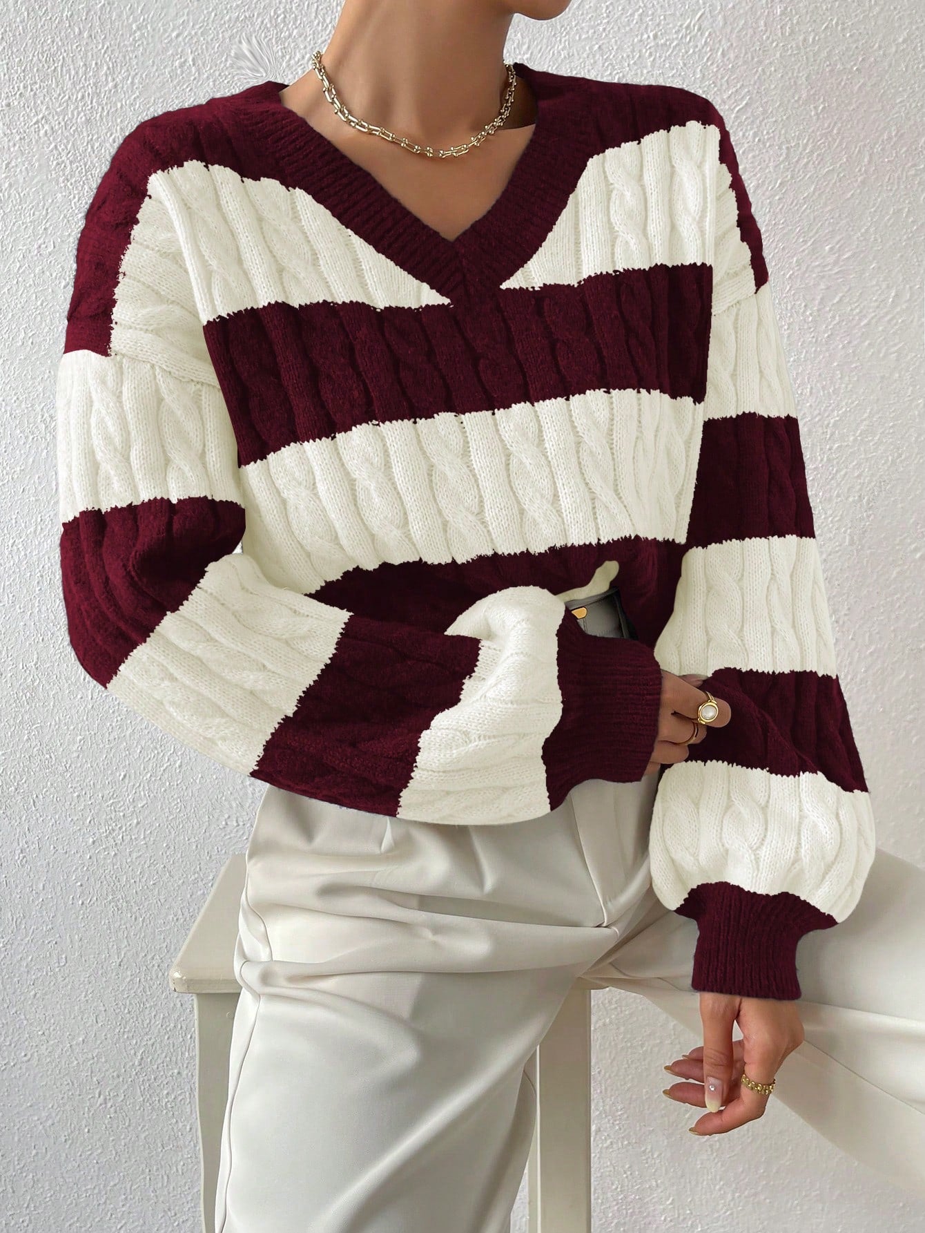 Two Tone Cable Knit Drop Shoulder Sweater Long Sleeve Tops Knit Pullover Fall Winter Outfit