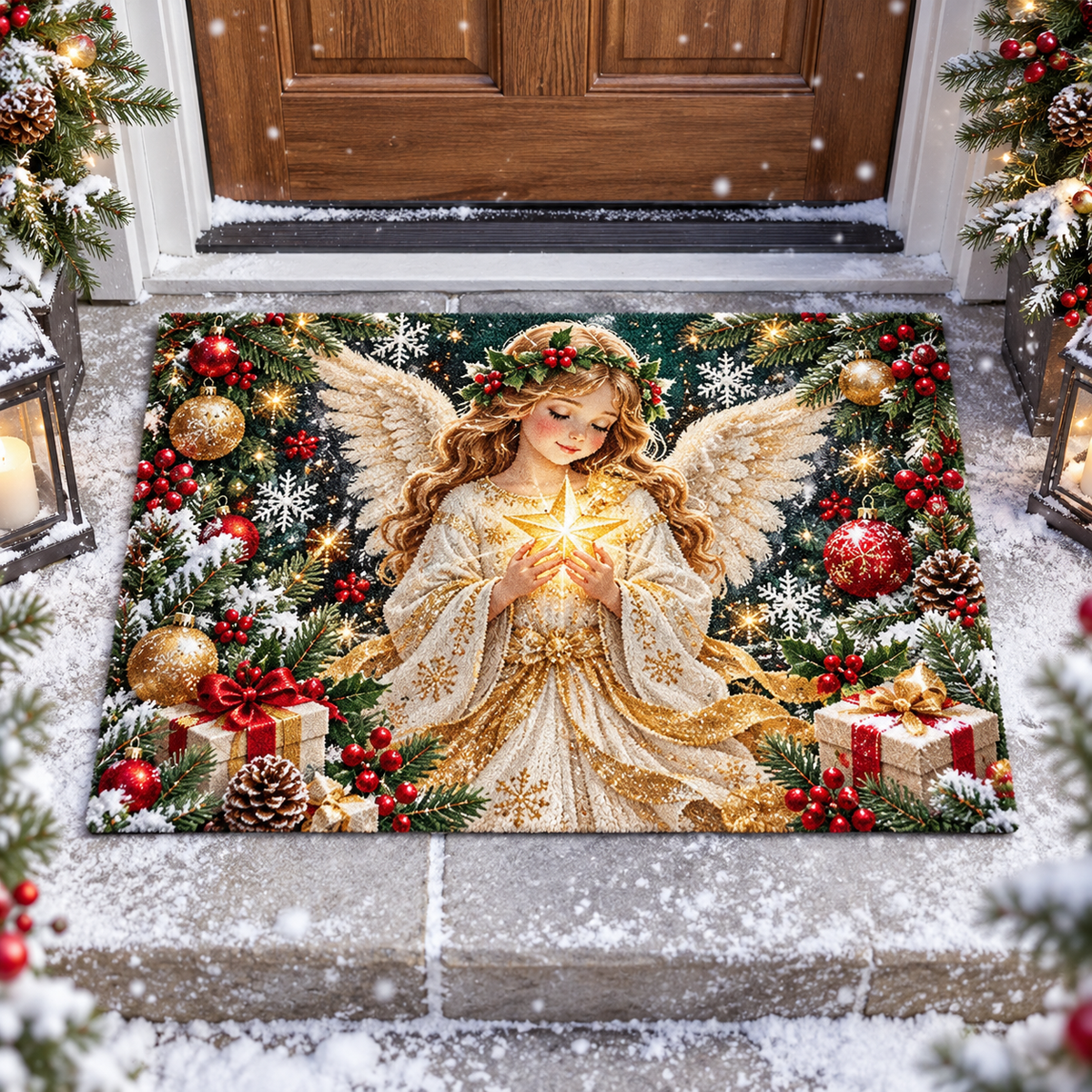 Christmas Angel Holding Star Doormat Holiday Outdoor Decor