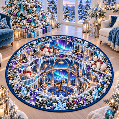 Christmas Aurora Polar Bear Observatory Quilted Round Rug