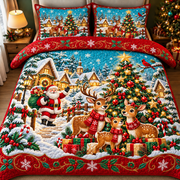 Christmas Bedding Set Santa Reindeer Village Quilt Cover Decor