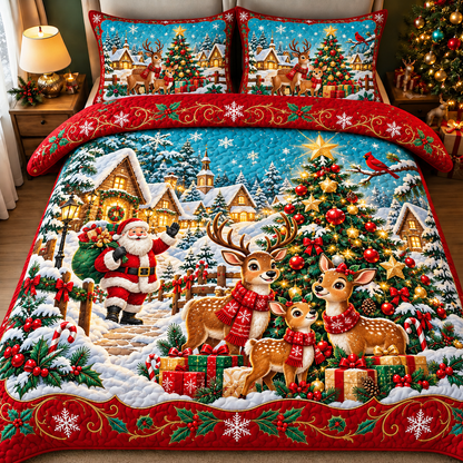 Christmas Bedding Set Santa Reindeer Village Quilt Cover Decor