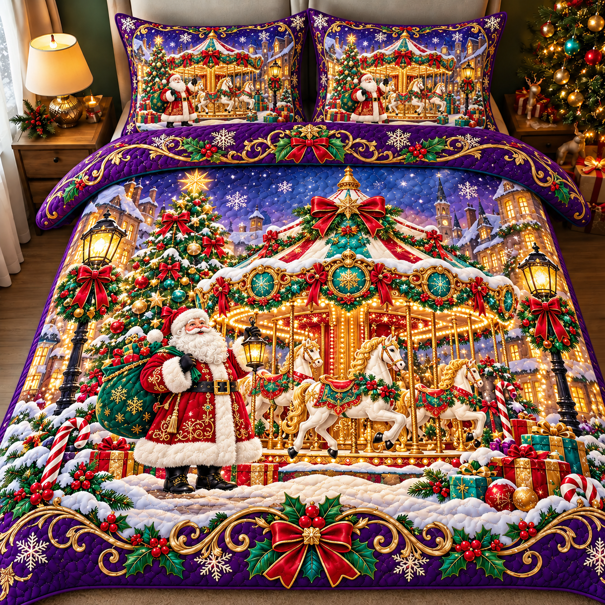 Christmas Carousel Santa Quilt Set Purple Festive Bedding