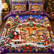 Christmas Carousel Santa Quilt Set Purple Festive Bedding
