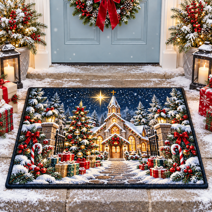 Christmas Church Winter Snow Doormat Holiday Front Door Mat