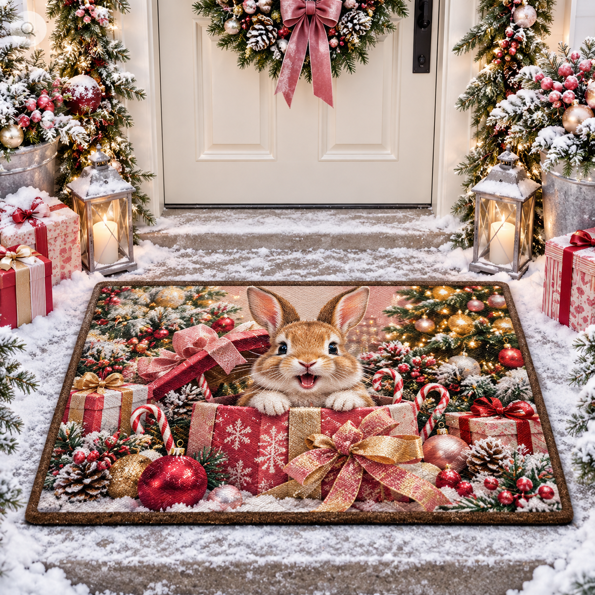 Christmas Cute Bunny Gift Box Holiday Doormat
