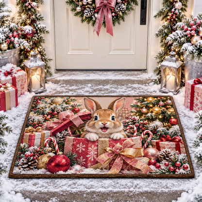 Christmas Cute Bunny Gift Box Holiday Doormat