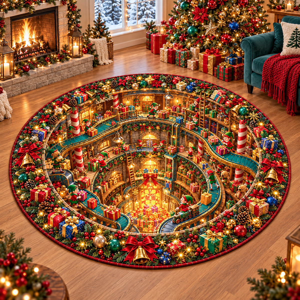 Christmas Elf Workshop Quilted Round Rug Santa Workshop Illusion Area Mat