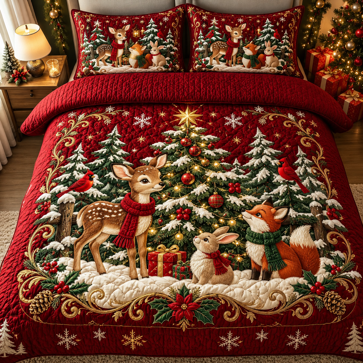 Christmas Forest Animals Quilt Bedding Set