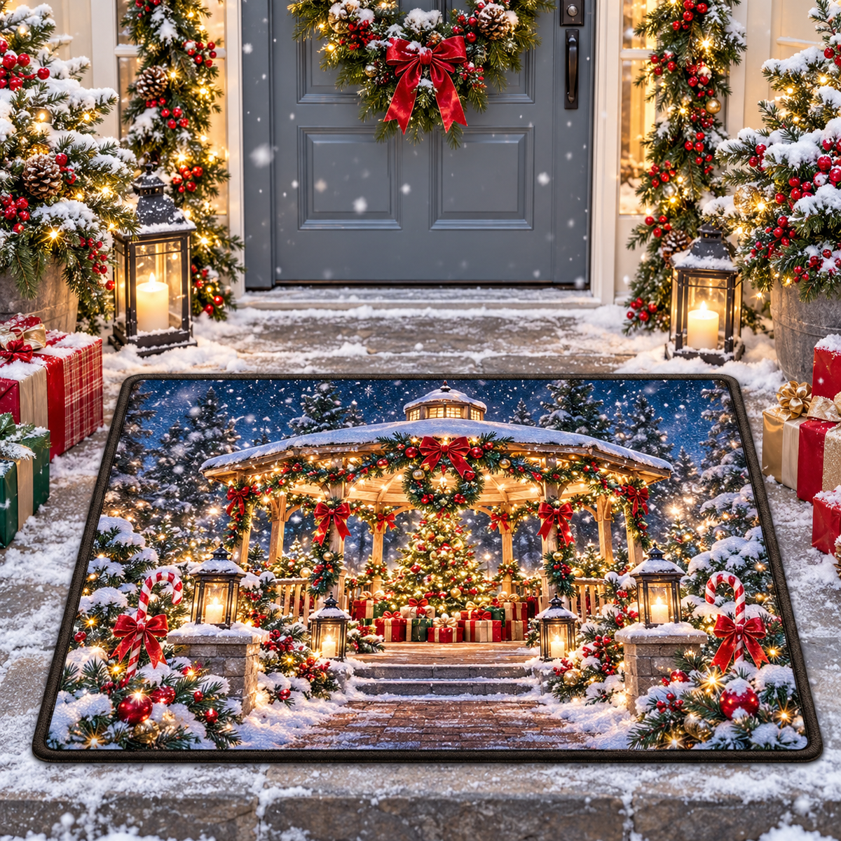Christmas Gazebo Winter Scene Holiday Door Mat