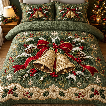 Christmas Golden Bells Ribbon Green Quilt Bedding Set