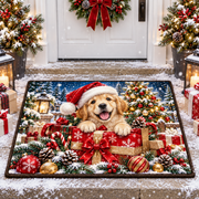 Christmas Golden Retriever Puppy Santa Hat Holiday Doormat