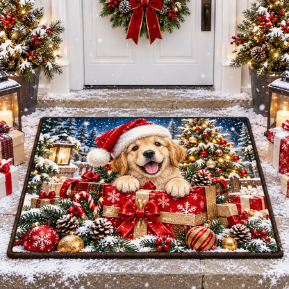 Christmas Golden Retriever Puppy Santa Hat Holiday Doormat