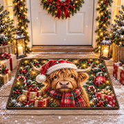 Christmas Highland Cow Santa Hat Non-Slip Door Mat
