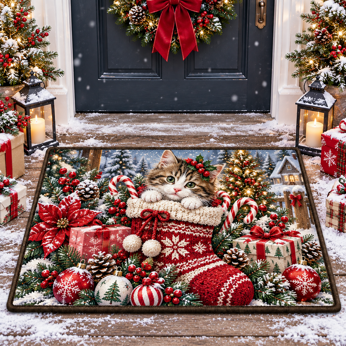 Christmas Kitten Stocking Festive Holiday Doormat