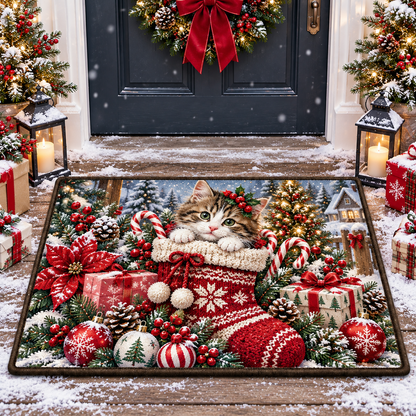 Christmas Kitten Stocking Festive Holiday Doormat
