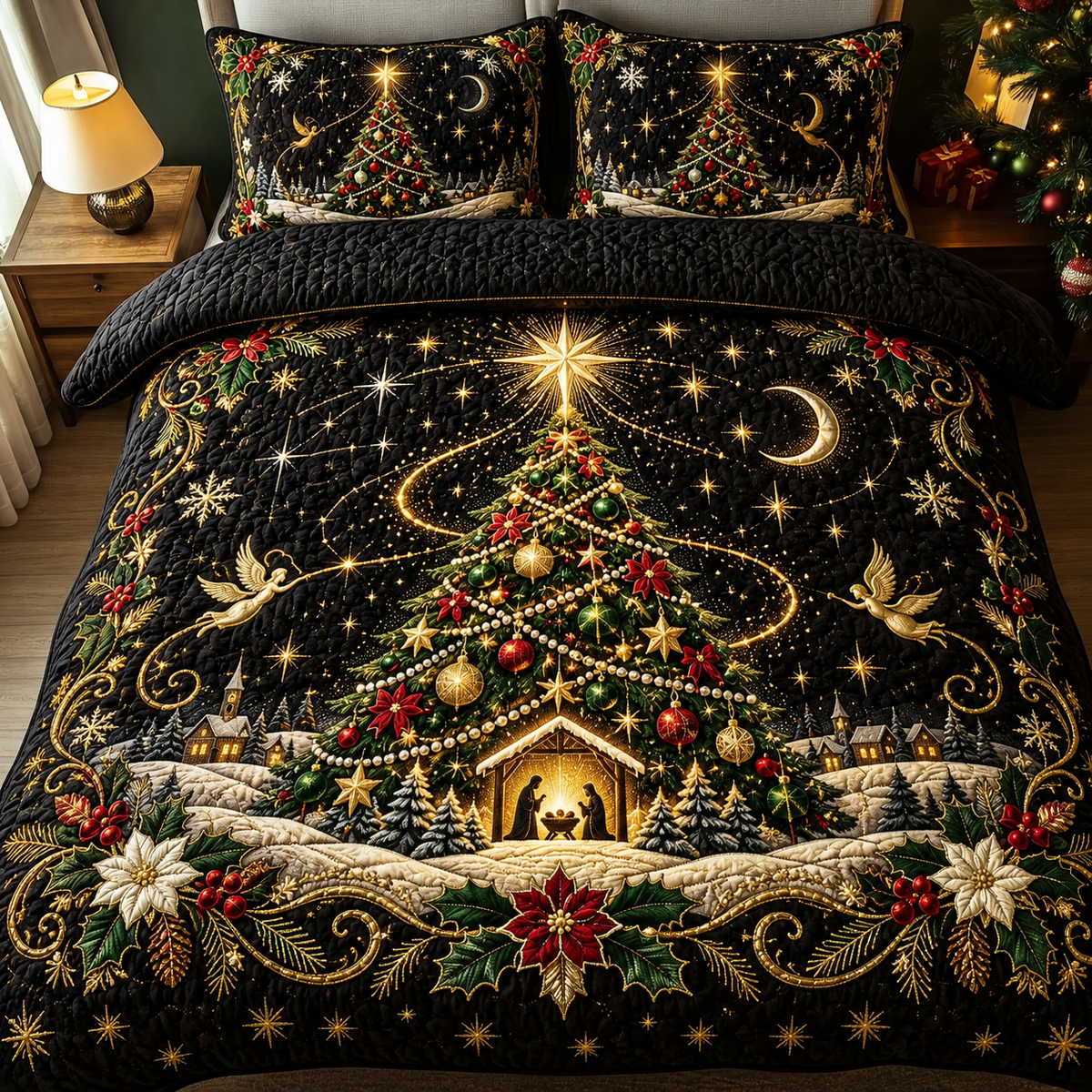 Christmas Nativity Tree Starry Quilt Bedding Set