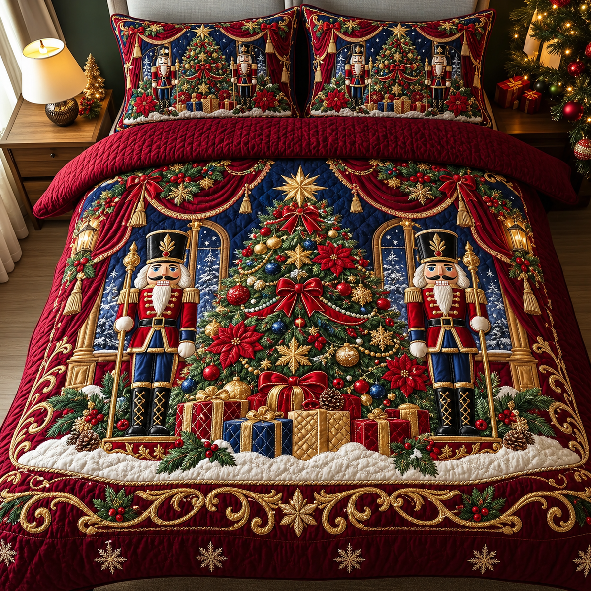 Christmas Nutcracker Soldier Tree Quilt Bedding Set Cover