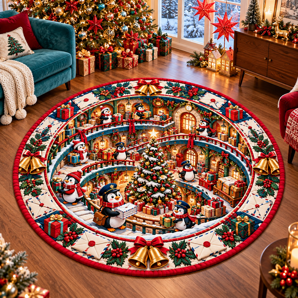 Christmas Penguin Post Office Quilted Round Rug Floor Decor