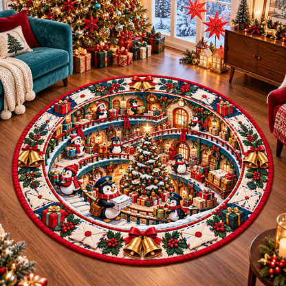 Christmas Penguin Post Office Quilted Round Rug Floor Decor