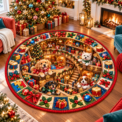 Christmas Puppy Toy Chest Quilted Round Rug Area Mat