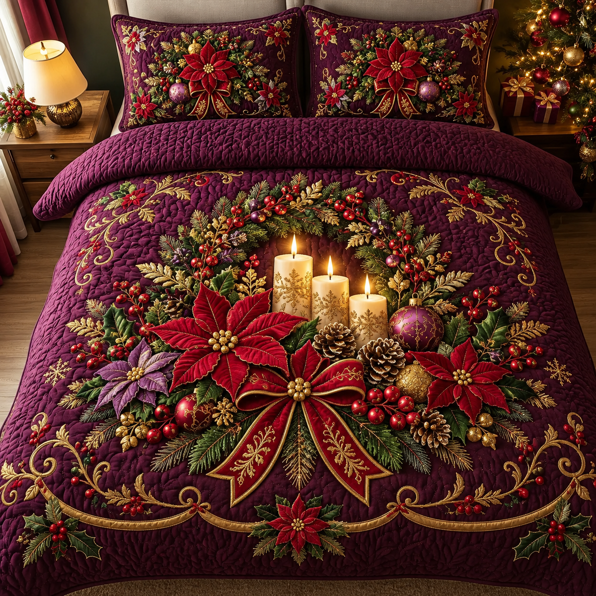 Christmas Purple Poinsettia Wreath Quilt Bedding Set
