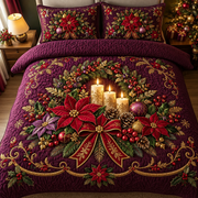 Christmas Purple Poinsettia Wreath Quilt Bedding Set