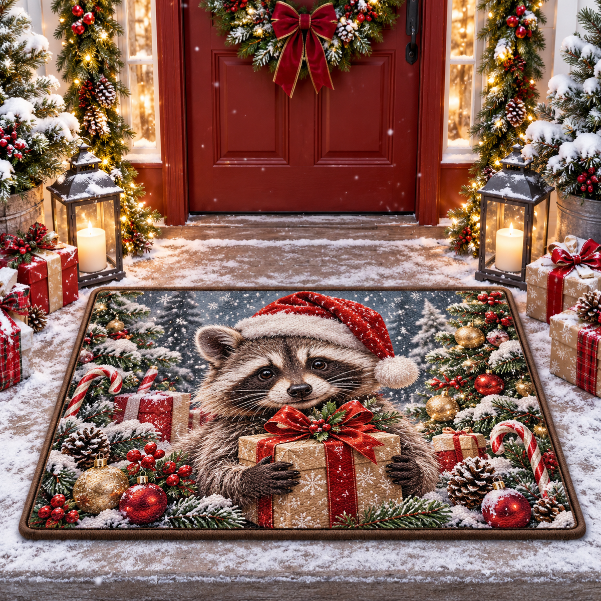 Christmas Raccoon Doormat Holiday Front Door Entrance Mat