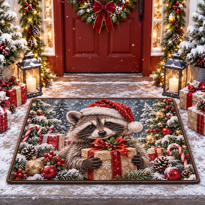 Christmas Raccoon Doormat Holiday Front Door Entrance Mat