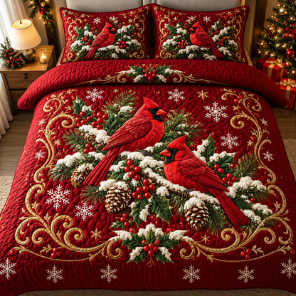 Christmas Red Cardinal Bird Quilt Bedding Set
