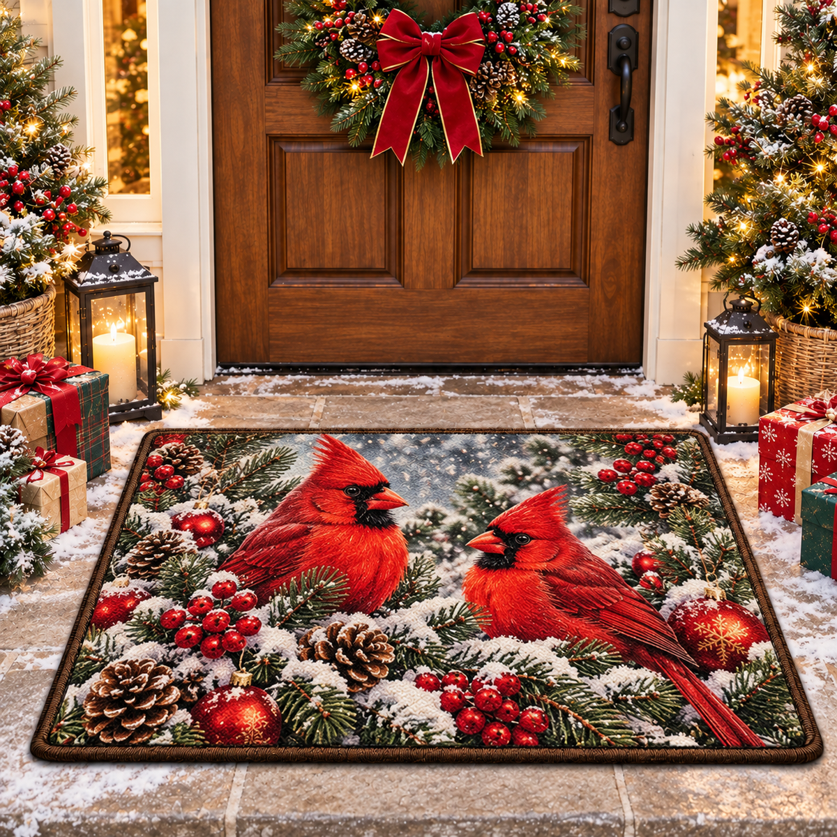 Christmas Red Cardinal Doormat Holiday Front Door Mat