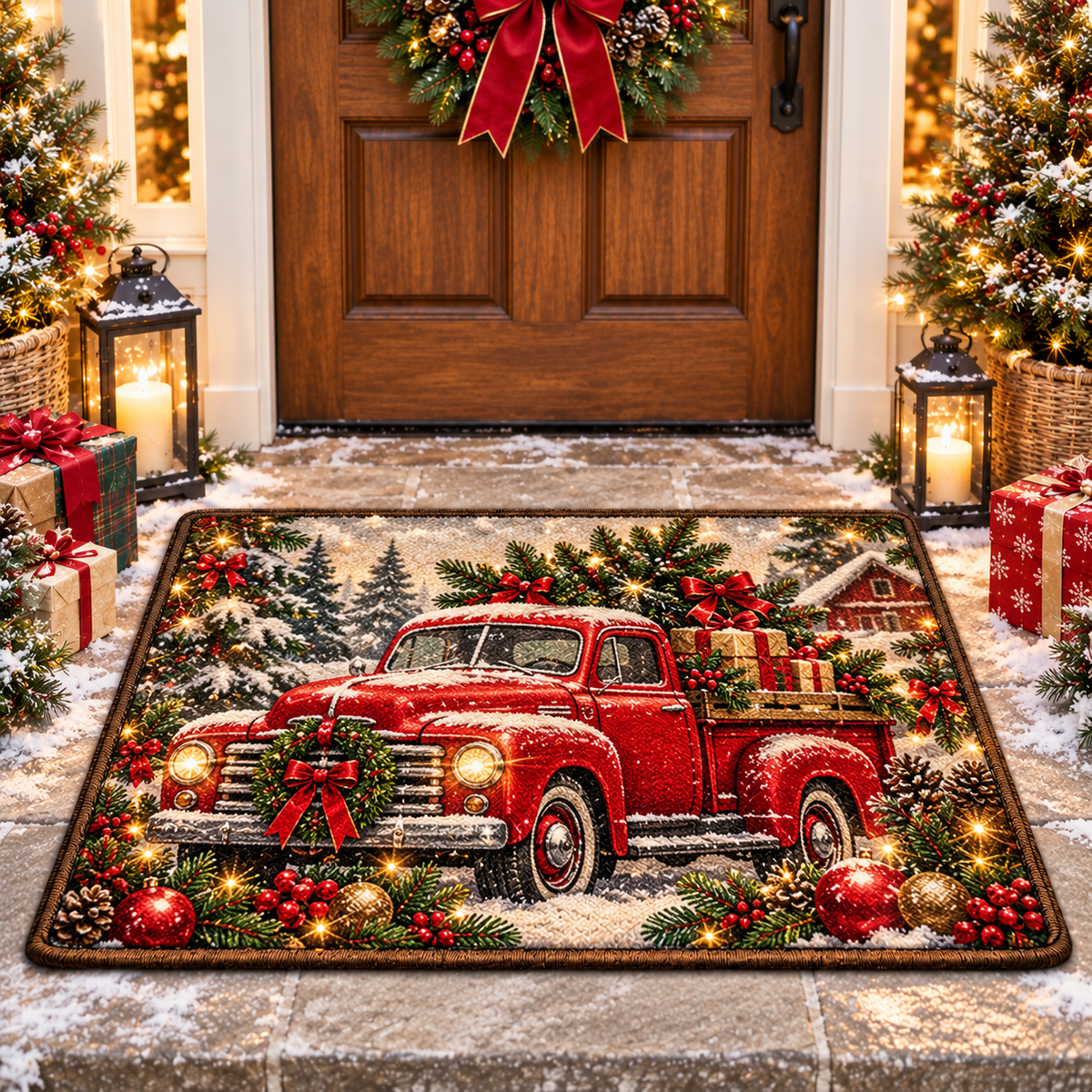 Christmas Red Truck Doormat Holiday Front Door Mat
