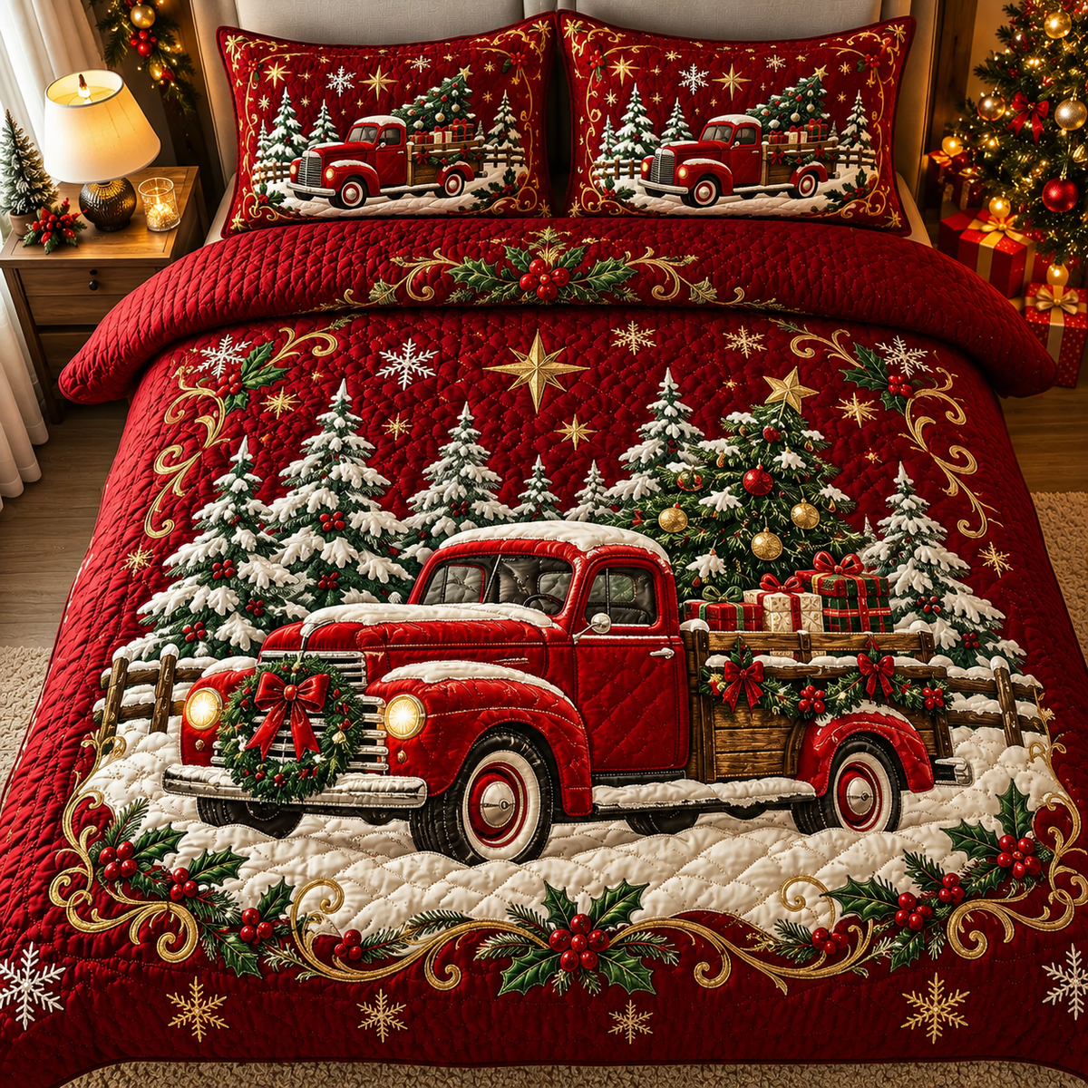 Christmas Red Truck Quilt Bedding Set