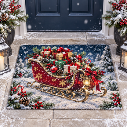 Christmas Santa Sleigh Gift Box Doormat Holiday Outdoor Decor
