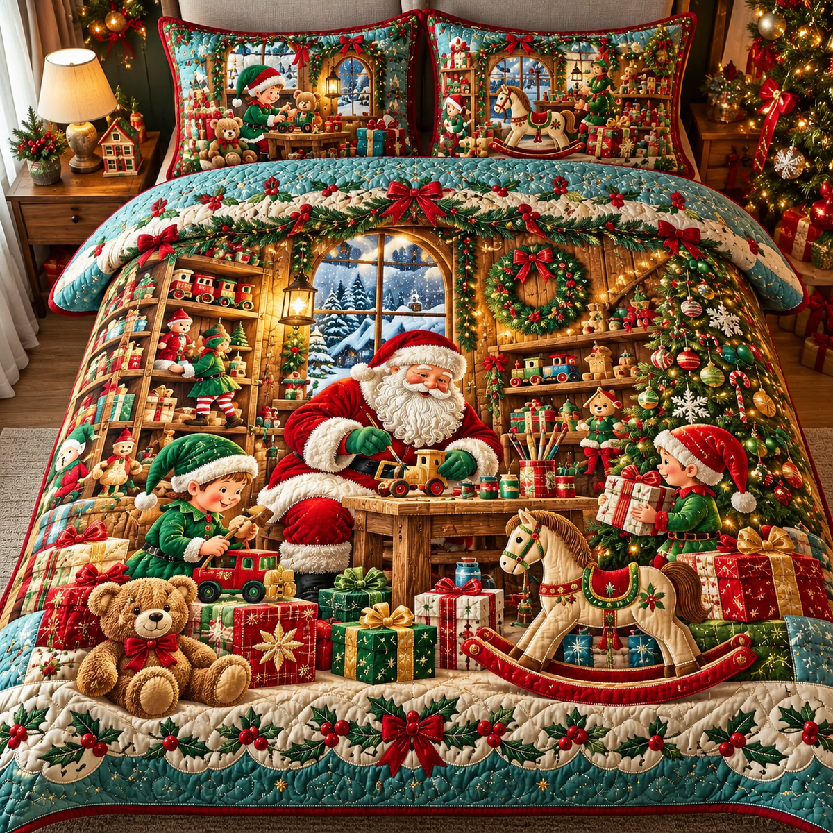 Christmas Santa Workshop Elves Quilt Bedding Set
