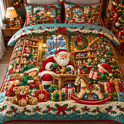 Christmas Santa Workshop Elves Quilt Bedding Set