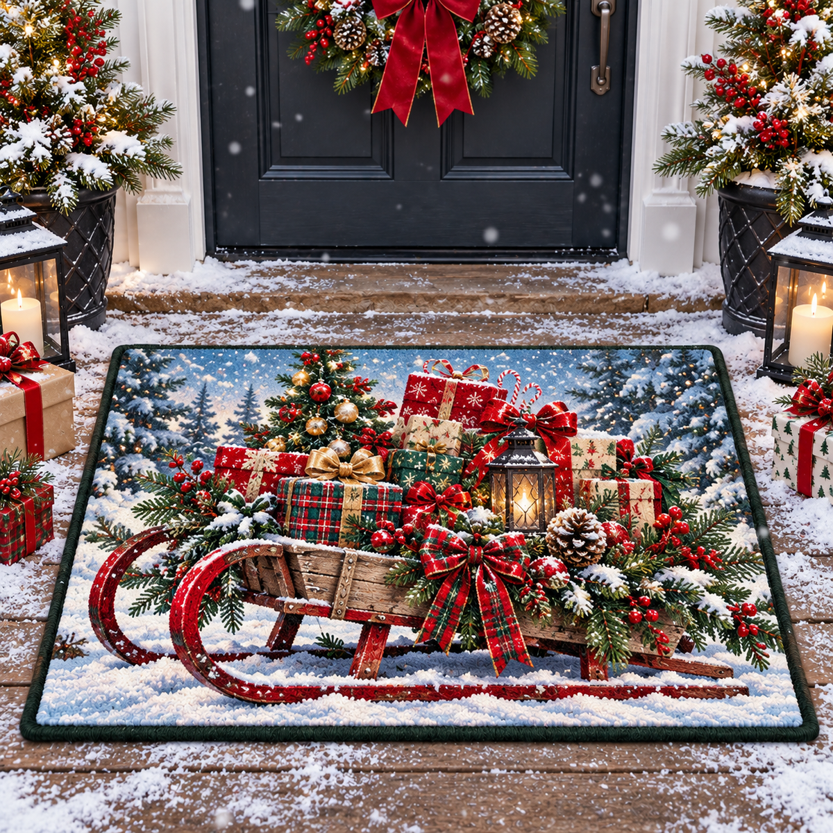 Christmas Sleigh Gift Box Winter Doormat Holiday Front Door Mat
