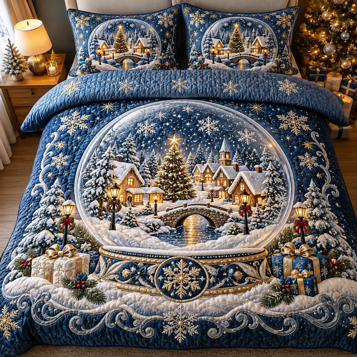 Christmas Snow Globe Winter Village Bedding Set Quilt Cover