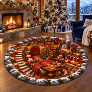 Christmas Snowy Alpine Cabin Quilted Round Rug Home Carpet